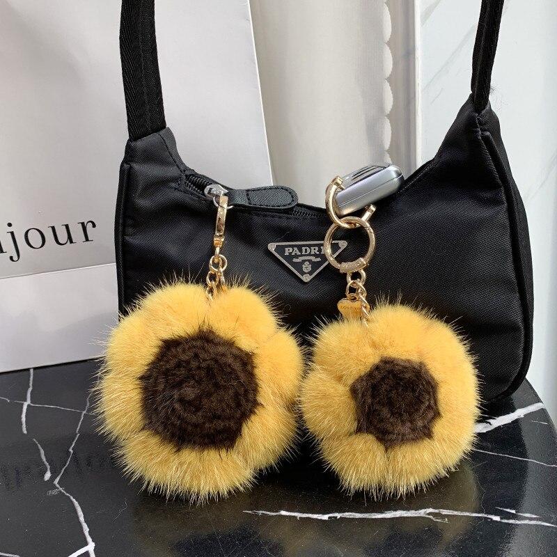 Little Luxuries Designs Sunflower Mink Fur Pom Pom Keychain/Bag Charm
